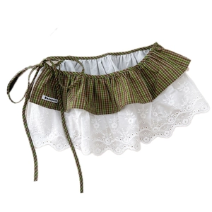 Rallonge de jupe à carreaux verts avec dentelle brodée de fleurs et rubans de fixation