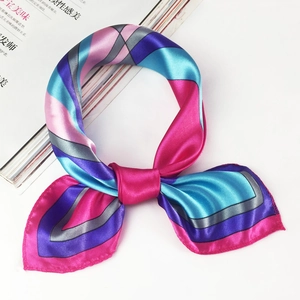 Elegant geometric pattern satin silk scarf with vibrant purple and magenta color blocking