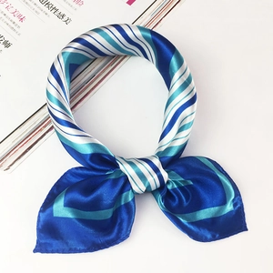 Blue and white striped satin silk scarf tied in a stylish bow knot for women