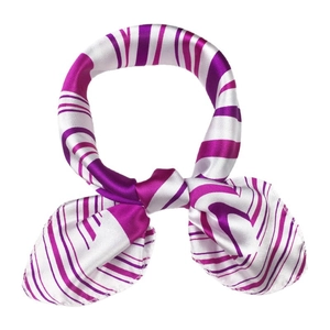 Satin silk scarf in lilac and white stripes tied in a bow shape on white background