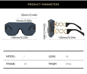 Detailed dimensions of oversized rimless cycling sunglasses with golden chain temples
