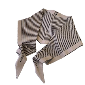 Beige and black striped knitted cashmere-feel scarf with elegant V-shaped ends for women