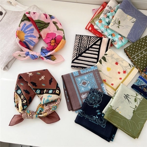Collection of retro cotton square scarves with floral and geometric patterns for women