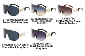 Detailed grid showing five colors of oversized shield sunglasses with gold chain temples