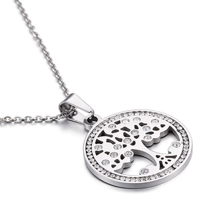 Silver tree of life pendant necklace with hollow leaves and sparkling clear crystals