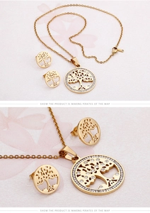 Detail of golden tree of life jewelry set featuring crystal rhinestones on necklace and earrings