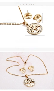 Detail view of 18K gold plated hollow Tree of Life necklace and earrings jewelry set