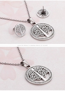 Detail of silver rhinestone necklace and earrings set featuring tree of life pendant
