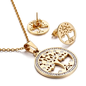 Golden tree of life jewelry set featuring crystal necklace and matching stud earrings