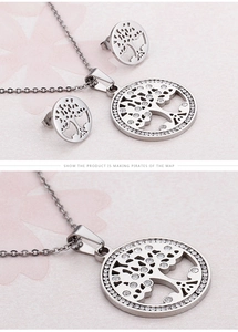 Detailed view of silver tree of life jewelry set including necklace and stud earrings