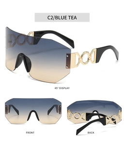 Detailed views of rimless sports sunglasses with blue tea gradient lenses and gold temples