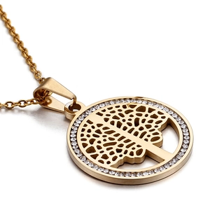 Golden Tree of Life necklace with rhinestone circle pendant and O-chain on white background