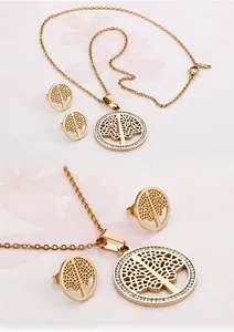 Macro view of gold stainless steel Tree of Life necklace and round stud earring set