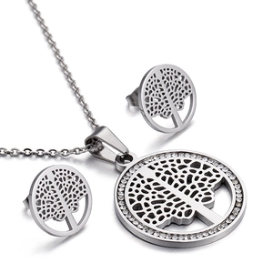 Silver Tree of Life necklace and earrings set with sparkling rhinestones in round design