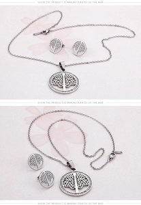 Macro detail of Tree of Life jewelry set with S-STEEL hallmark and pavé crystals