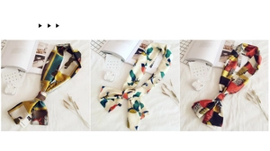 Three elegant skinny silk scarves with vintage floral, bird, and geometric patterns
