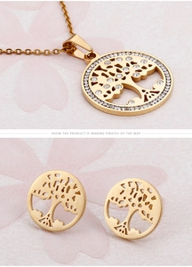 Detail of gold-plated tree of life jewelry set with necklace pendant and stud earrings