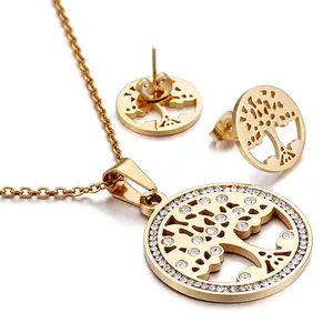 Vintage Tree Of Life Necklace And Earrings Stainless Steel Rhinestone Hollow Round Fashion For Women Elegant Accessories