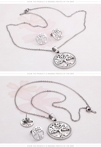Detailed view of silver tree of life jewelry set featuring crystal studs and pendant