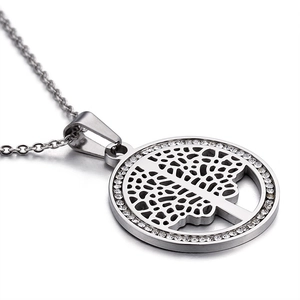 Silver tree of life necklace with round rhinestone pendant and polished metal chain