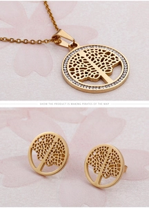 Detailed view of Tree of Life jewelry set with gold finish and sparkling white rhinestones
