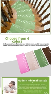 Detailed view of non-slip stair treads featuring cute paw prints in four soft colors