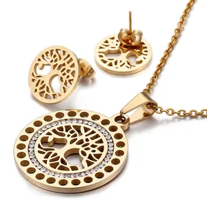 Trendy Stainless Steel Tree of Life Jewelry Set Vacuum Plated 18K Gold Rhinestone Hollow Pendant Necklace Stud Earrings For Women