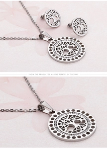 Detailed view of the 18k gold tree of life pendant and earrings set with zircons