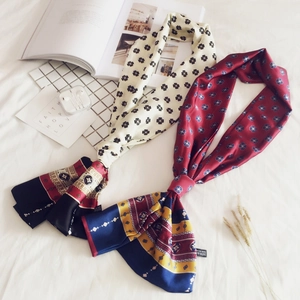Retro print long silk neck scarf with geometric patterns and smooth satin texture