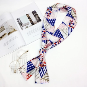 Elegant geometric print satin silk twilly scarf with blue stripes and gold polka dots