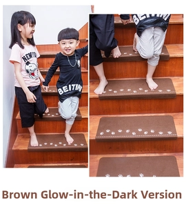 Detailed close-up of brown stair treads with glowing paw prints on wooden steps