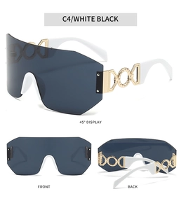 Three views of white black rimless shield sunglasses with golden hollow geometric detail