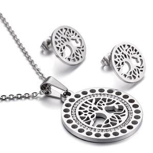 18k gold plated tree of life jewelry set with necklace and stud earrings in silver finish