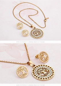 Macro view of 18k gold plated tree of life jewelry set with sparkling crystals
