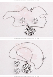 Detailed view of silver tree of life jewelry set with crystal-encrusted round pendants