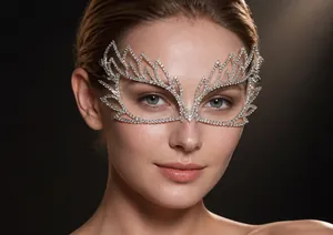 Detailed view of silver镂空 rhinestone mask with butterfly wing design for bridal parties
