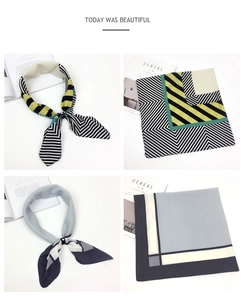 Detail showing two square silk scarves with yellow stripes and geometric color-block patterns