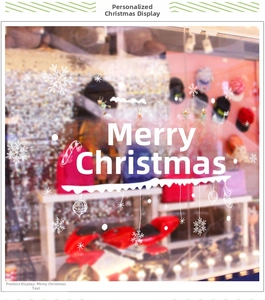 White Christmas window stickers with Merry Christmas text and snowflake decals on glass