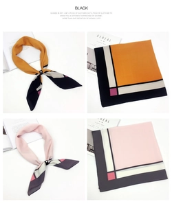 Detail of color-block geometric silk scarf paired with a premium leather diamond buckle