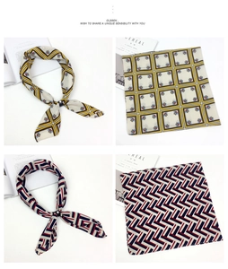 Detail of elegant 70cm geometric silk square scarf set with floral and V-stripe patterns