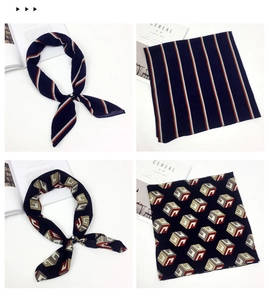 Detail of 70cm silk scarf with geometric patterns and stripes on a minimal background