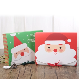 Red and green Christmas gift boxes with Santa illustrations and golden Happy Christmas text