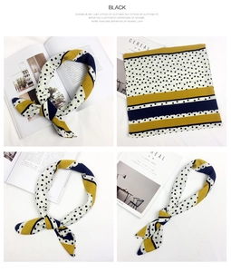 Detailed view of yellow and navy polka dot cotton-linen square scarf with stripes