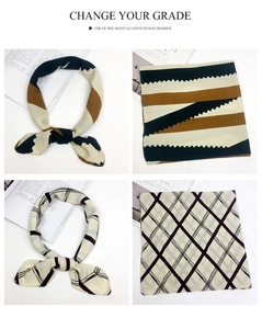 Close-up of geometric patterned cotton-linen small square scarf with a chic knotted style