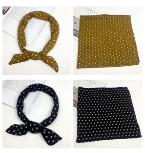 Detailed views of printed geometric scarves in mustard green and navy blue colors