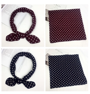 Polka dot cotton linen square scarf in burgundy and navy blue with elegant knot details