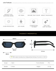 Detailed size chart for polygon sunglasses with 150mm frame width and UV400 PC material