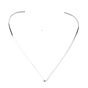 Close-up of minimalist silver V-shaped choker necklace in polished stainless steel