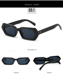 Three views of polygon sunglasses with metallic rivets and thick black frames