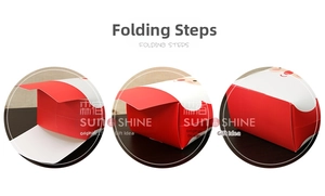 Three-step folding instructions for the Santa Claus Christmas gift box on a dark wooden table